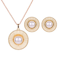 Zinc Alloy Jewelry Sets earring & necklace with Glass Pearl stainless steel post pin Flat Round gold color plated rope chain & for woman & hollow nickel lead & cadmium free  Length Approx 17.7 Inch Sold By Lot