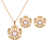 Zinc Alloy Jewelry Sets earring & necklace with Glass Pearl stainless steel post pin Flower gold color plated rope chain & for woman & with rhinestone & hollow nickel lead & cadmium free  Length Approx 17.7 Inch Sold By Lot