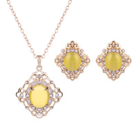 Zinc Alloy Jewelry Sets earring & necklace with Agate stainless steel post pin Rhombus gold color plated & oval chain & for woman & with rhinestone & hollow nickel lead & cadmium free  Length Approx 17.7 Inch Sold By Lot