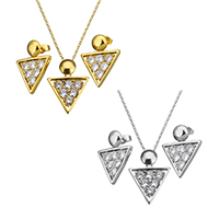 Rhinestone Stainless Steel Jewelry Set, earring & necklace, Triangle, plated, oval chain & for woman & with rhinestone & hollow, more colors for choice, 20x20.5x4mm, 1.5x2x0.3mm, 20x26x13mm, Length:Approx 17 Inch, Sold By Set