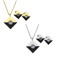 Resin Jewelry Sets, earring & necklace, Stainless Steel, with Resin, Rhombus, plated, oval chain & for woman & with rhinestone, more colors for choice, 28x34x6mm, 2x2.5x0.5mm, 17x17x14mm, Length:Approx 17.5 Inch, Sold By Set