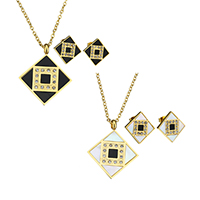Resin Jewelry Sets, earring & necklace, Stainless Steel, with Resin, Rhombus, gold color plated, oval chain & for woman & with rhinestone, more colors for choice, 28x33x6mm, 2x2.5x0.5mm, 18x18x13mm, Length:Approx 17 Inch, Sold By Set