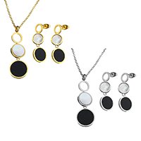 Resin Jewelry Sets earring & necklace Stainless Steel with Resin Flat Round plated oval chain & for woman Length Approx 17 Inch Sold By Set