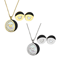 Resin Jewelry Sets, earring & necklace, Stainless Steel, with Rhinestone Clay Pave & Resin, Flat Round, plated, oval chain & for woman, more colors for choice, 22x28x6mm, 1.5x2x0.3mm, 15x15x13mm, Length:Approx 17 Inch, Sold By Set