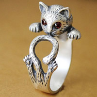metal anillo, Gato, chapado en color de plata antigua, diseño animal & con diamantes de imitación, libre de níquel, plomo & cadmio, 6-8mm, tamaño:6-8, Vendido por UD