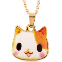 Zinc Alloy Jewelry Necklace with iron chain Cat gold color plated animal design & oval chain & enamel & decal lead & cadmium free 400mm Sold Per Approx 15.5 Inch Strand