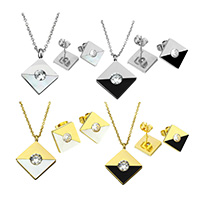 Resin Jewelry Sets, earring & necklace, Stainless Steel, with Resin, Rhombus, plated, oval chain & for woman & with rhinestone, more colors for choice, 20x26x4mm, 2.5x2x0.5mm, 15x15x14mm, Length:Approx 17.5 Inch, Sold By Set