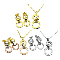 Rhinestone Stainless Steel Jewelry Set, earring & necklace, Donut, plated, oval chain & for woman & with rhinestone, more colors for choice, 15x35x10mm, 2.5x2x0.5mm, 13x25x18mm, Length:Approx 17.5 Inch, Sold By Set