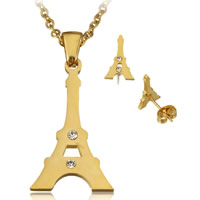 Rhinestone Stainless Steel Jewelry Set, earring & necklace, Eiffel Tower, gold color plated, oval chain & with rhinestone, 18x28x2mm, 2x2.5x0.5mm, 8x12.5x13mm, Length:Approx 20 Inch, Sold By Set