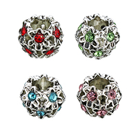 Tibetan Style European Beads, antique silver color plated, without troll & with rhinestone & hollow, more colors for choice, nickel, lead & cadmium free, 11x9x11mm, Hole:Approx 5mm, 100PCs/Lot, Sold By Lot
