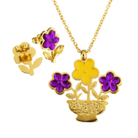 Enamel Stainless Steel Jewelry Set, earring & necklace, with Crystal, with 2lnch extender chain, Flower, gold color plated, oval chain & faceted, 36x37x3.5mm, 2.5x2x0.5mm, 13.5x18x15mm, Length:Approx 20 Inch, Sold By Set