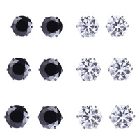 Brass Stud Earring Set, plated, with cubic zirconia, white and black, nickel, lead & cadmium free, 6-8mm, 3Sets/Lot, 6Pairs/Set, Sold By Lot