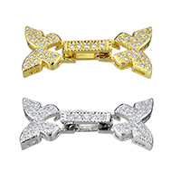 Brass Fold Over Clasp, Butterfly, plated, micro pave cubic zirconia, more colors for choice, nickel, lead & cadmium free, 27x12x5mm, Hole:Approx 2x0.8mm, 5PCs/Lot, Sold By Lot