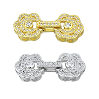 Brass Fold Over Clasp, Flower, plated, micro pave cubic zirconia, more colors for choice, nickel, lead & cadmium free, 30x12x4.50mm, Hole:Approx 2x0.8mm, 5PCs/Lot, Sold By Lot