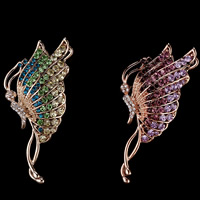 Rhinestone Brooch, Tibetan Style, Butterfly, gold color plated, for woman & with rhinestone, more colors for choice, nickel, lead & cadmium free, 80x35mm, 3PCs/Lot, Sold By Lot