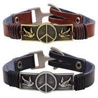 Men Bracelet Cowhide with Linen & Zinc Alloy Peace Logo plated for man nickel lead & cadmium free 13mm Sold Per Approx 8 Inch Strand