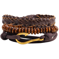 Men Bracelet, Cowhide, with Waxed Nylon Cord & Wood & Tibetan Style, gold color plated, for man, nickel, lead & cadmium free, Length:Approx 7.4 Inch, 3Strands/Lot, Sold By Lot