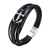 Unisex Bracelet, PU Leather, with Stainless Steel, 4-strand, original color, 25x18.5x2mm, 5.5x3mm, 2mm, Length:8.5 Inch, 5Strands/Lot, Sold By Lot