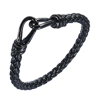 Unisex Bracelet, cuir PU, avec acier inoxydable, ionique noire, unisexe, noire, 6.50mm, Longueur:Environ 8.5 pouce, 5Strandstoron/lot, Vendu par lot
