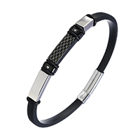 Unisex Bracelet, silicone, avec acier inoxydable, Placage, unisexe & avec strass, noire, 17x6.5x4.5mm, 5x3.5mm, Longueur Environ 9 pouce, 10Strandstoron/lot, Vendu par lot