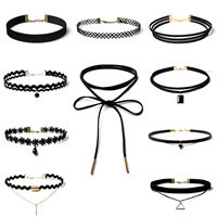 Velveteen Cord Choker Necklace with Lace & Glass & Zinc Alloy plated faceted Length Approx 12.6-62 Inch Sold By Set