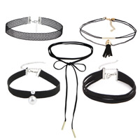 Velveteen Cord Choker Necklace with Lace & Plastic Pearl & Zinc Alloy plated Length Approx 12.6-62 Inch Sold By Set