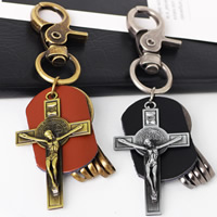 Bag Purse Charms Keyrings Keychains, Tibetan Style, with Cowhide, Crucifix Cross, plated, with letter pattern & for man, more colors for choice, nickel, lead & cadmium free, 40x120mm, Sold By Strand