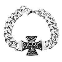 Men Bracelet, Stainless Steel, Skull Cross, curb chain & for man & blacken, 56x31x6mm, 16x13x3mm, Sold Per Approx 9 Inch Strand