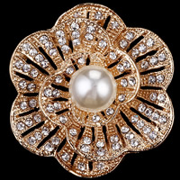 Glas perle broche, Zinc Alloy, med Glass Pearl, Flower, guldfarve belagt, for kvinde & med rhinestone, nikkel, bly & cadmium fri, 43x43mm, 3pc'er/Lot, Solgt af Lot