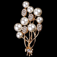 Broche perle de verre, alliage de zinc, avec perle de verre, fleur, Placage de couleur d'or, pour femme & avec strass, protéger l'environnement, sans nickel, plomb et cadmium, 64x33mm, 3PC/lot, Vendu par lot