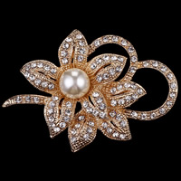 Glas perle broche, Zinc Alloy, med Glass Pearl, Flower, guldfarve belagt, for kvinde & med rhinestone, nikkel, bly & cadmium fri, 56x39mm, 3pc'er/Lot, Solgt af Lot