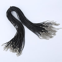 Fashion halskæde ledning, Silicone, zinklegering karabinlås, med 5cm extender kæde, platin farve forgyldt, sort, 2mm, Længde Ca. 16.5 inch, 100Strands/Bag, Solgt af Bag
