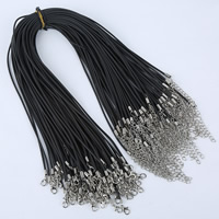 Fashion halskæde ledning, Silicone, zinklegering karabinlås, med 5cm extender kæde, platin farve forgyldt, sort, 1.5mm, Længde Ca. 16.5 inch, 100Strands/Bag, Solgt af Bag