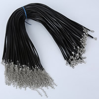 Fashion Necklace Cord, Cowhide, Tibetan Style lobster clasp, with 5cm extender chain, platinum color plated, black, 1.5mm, Length:Approx 16.5 Inch, 100Strands/Bag, Sold By Bag