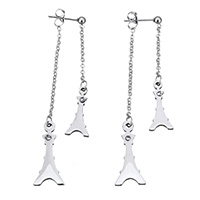 Stainless Steel Split Earring, Eiffel Tower, for woman & with rhinestone, original color, 10.5x23x2mm, 8.5x18x2mm, 47mm, 68mm, Sold By Pair