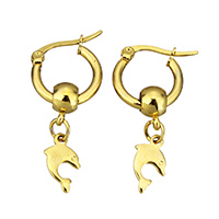 Acier inoxydable Levier Retour Earring, dauphin, Placage de couleur d'or, pour femme, 18x15.50x2mm, Diamètre intérieur:Environ 10mm, Vendu par paire