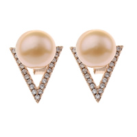 Freshwater Pearl Earrings, Brass, with Freshwater Pearl, Triangle, platinum color plated, natural & with cubic zirconia, more colors for choice, 8-9mm, 12x15x8mm, Sold By Pair