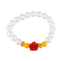 Bracelets résine, perle résine, avec cinabre & ambre, fleur, pour femme, 14x14.5x7mm, 9.5x10x10mm, Vendu par Environ 8 pouce brin