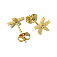 Stainless Steel Stud Earrings, Starfish, gold color plated, with rhinestone, 9.50x9x14mm, 12Pairs/Lot, Sold By Lot