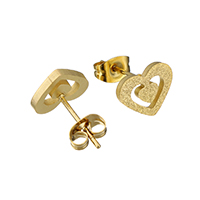Stainless Steel Stud Earrings, Heart, gold color plated, stardust, 10x8x14mm, 12Pairs/Lot, Sold By Lot
