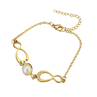 Stainless Steel Jewelry Bracelet with Resin Pearl with 2lnch extender chain Infinity gold color plated for woman & with rhinestone   Sold Per Approx 7 Inch Strand