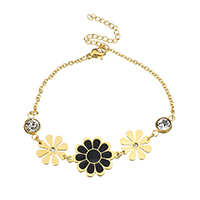 Stainless Steel Jewelry Bracelet, with 2lnch extender chain, Flower, gold color plated, oval chain & for woman & enamel & with rhinestone, 23x17x1.5mm, 14x14x1.5mm, 2.5x2x0.5mm, Sold Per Approx 7 Inch Strand