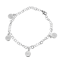 Stainless Steel Jewelry Bracelet, Flat Round, charm bracelet & round link chain & with number pattern & for woman, original color, 8x11x1mm, 4x4x0.5mm, Sold Per Approx 8 Inch Strand