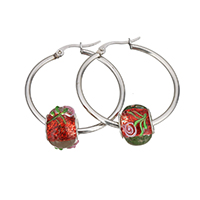 Stainless Steel Hoop Earring, with Lampwork, 34.5x36x2mm, 11x14.5x13.5mm, Sold By Pair