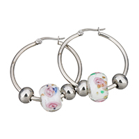 Stainless Steel Hoop Earring, with Lampwork, 34x36x2mm, 9x13.5x13.5m, 6x8x8mm, Sold By Pair