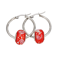 Stainless Steel Hoop Earring, with Lampwork, 29.5x31x2mm, 10x15x15mm, Sold By Pair