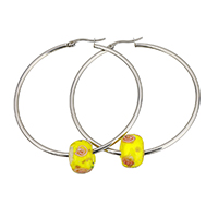 Stainless Steel Hoop Earring, with Lampwork, 58x60x2mm, 9x14x14mm, Sold By Pair