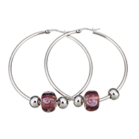 Stainless Steel Hoop Earring, with Lampwork, 54x56x2mm, 9x13.5x13.5mm, 6x8x8mm, Sold By Pair