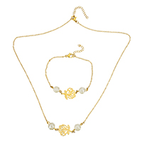 Refine Stainless Steel Jewelry Sets, bracelet & necklace, with White Shell, with 1lnch, 1.5lnch extender chain, Flower, gold color plated, oval chain & for woman & hollow, 18.5x13x1mm, 14x8x7.5mm, 2x1.5x0.5mm, 18.5x13x1mm, 14x8x7.5mm, 2x1.5x0.5mm, Length:Approx 7 Inch, Approx 17 Inch, Sold By Set