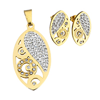 Rhinestone Stainless Steel Jewelry Set, pendant & earring, with Rhinestone Clay Pave, Horse Eye, gold color plated, for woman & with rhinestone & hollow, 22.5x42x2.5mm, 11x19x13.5mm, Hole:Approx 4.5x7mm, Sold By Set